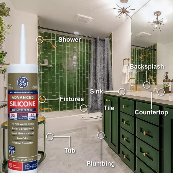 GE Advanced Silicone Caulk for Kitchen & Bathroom - 100% Waterproof Silicone Sealant, 5X Stronger Adhesion, Shrink & Crack Proof - 10 oz Cartridge, White, Pack of 1 - Image 4